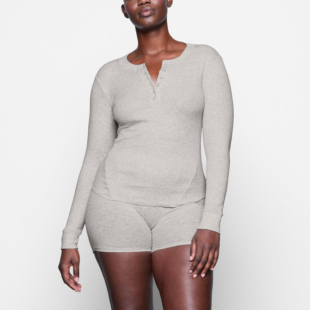 Skims COTTON RIB HENLEY LONG SLEEVE T-shirt Lichtgrijs | NSZ-037914