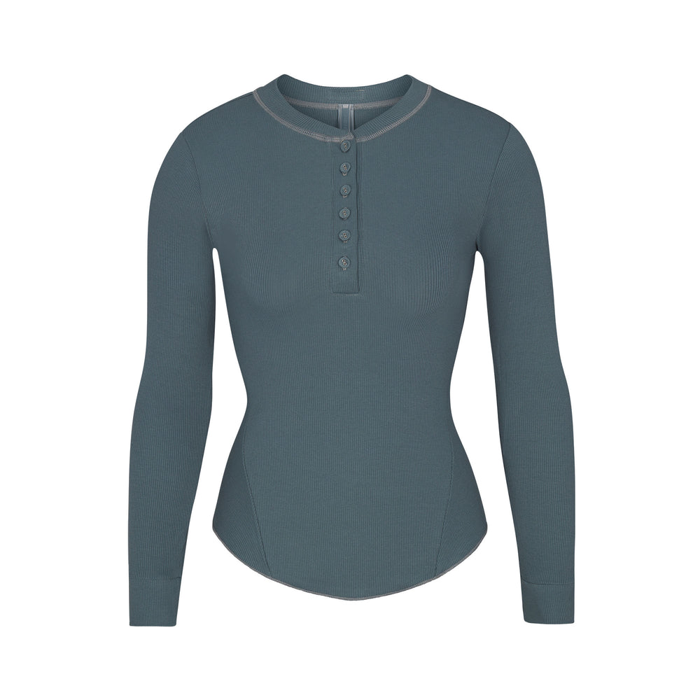 Skims COTTON RIB HENLEY LONG SLEEVE T-shirt Blauw | ONM-064587