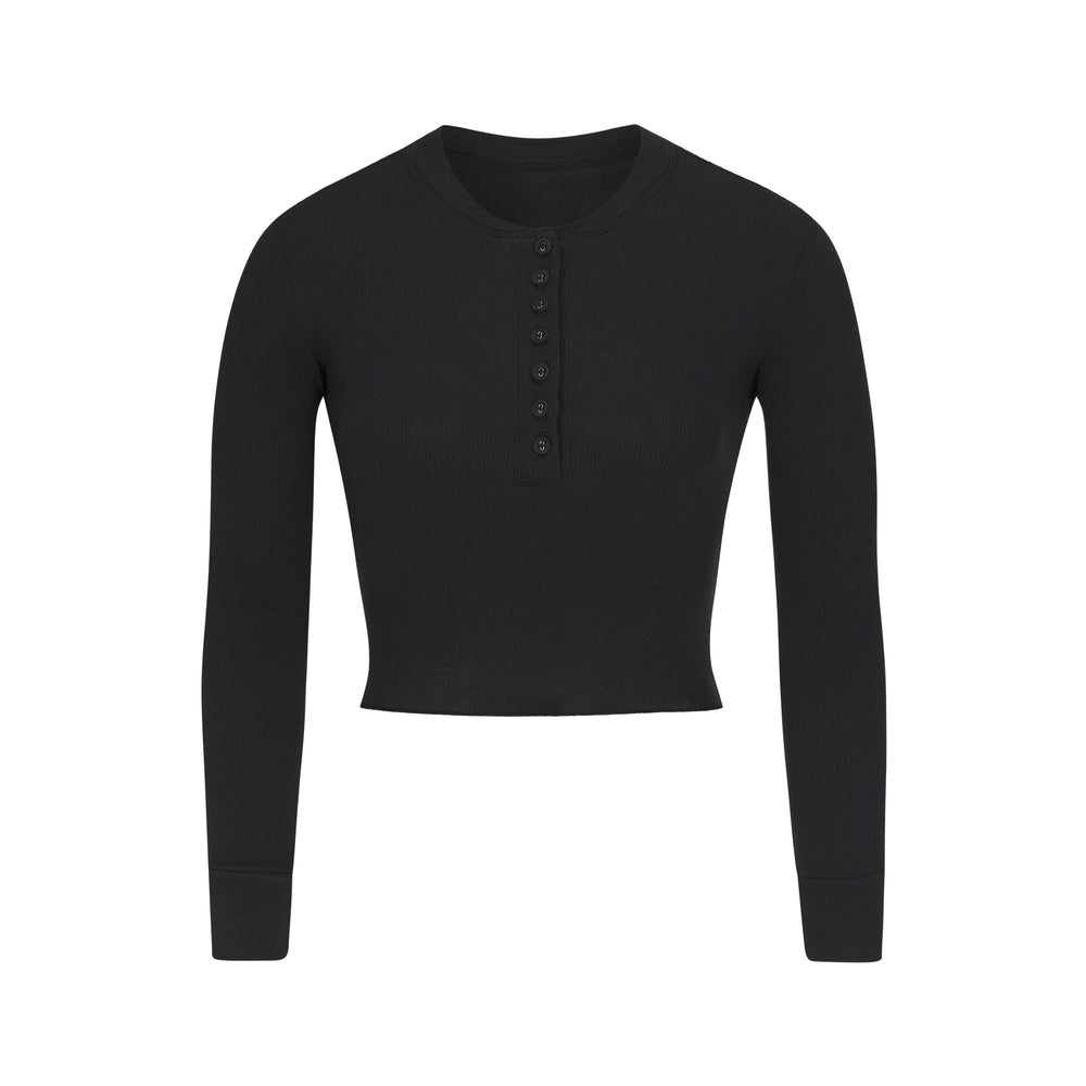 Skims COTTON RIB LONG SLEEVE CROP Henley Zwart | PVN-304987