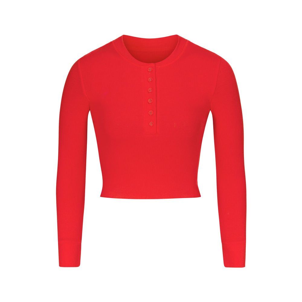 Skims COTTON RIB LONG SLEEVE CROP Henley Rood | YQC-327680