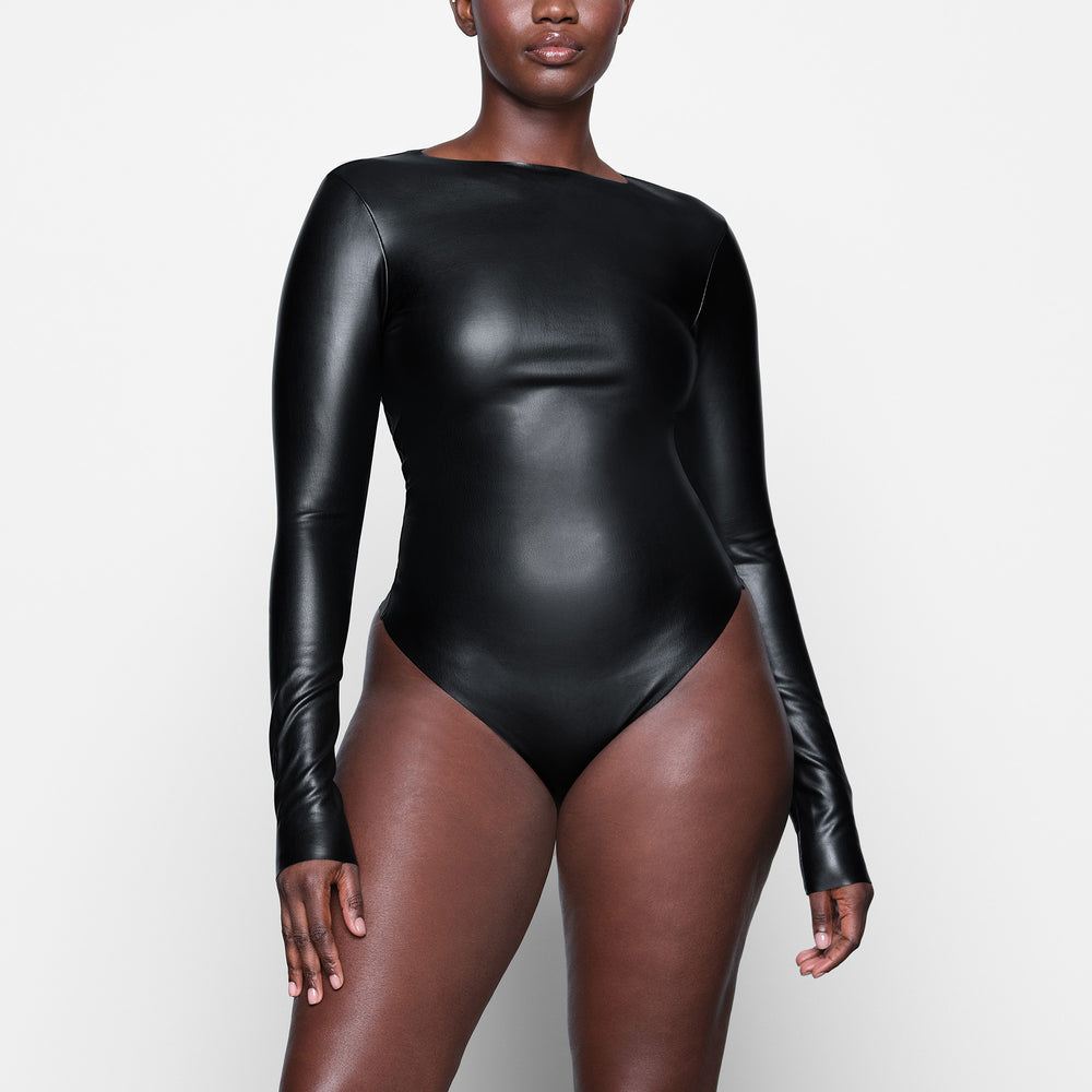Skims FAUX LEATHER Long Sleeve Bodysuit Zwart | YWT-867902