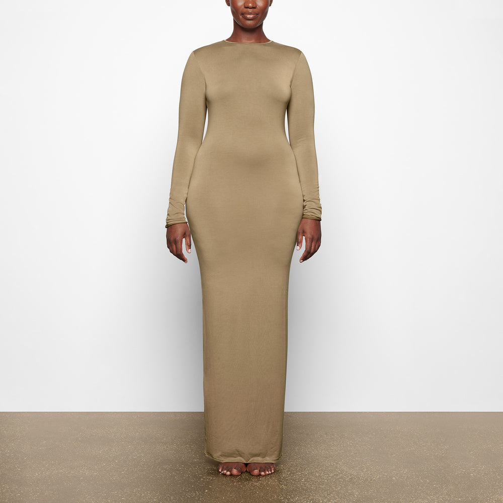 Skims SMOOTH LOUNGE CREW NECK LONG SLEEVE Dress Khaki | MNO-071439