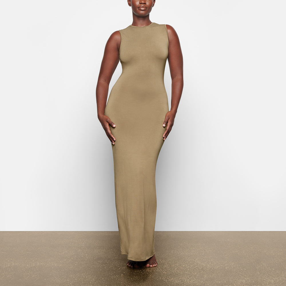 Skims SMOOTH LOUNGE CREW NECK SLEEVELESS Dress Khaki | PYU-971368