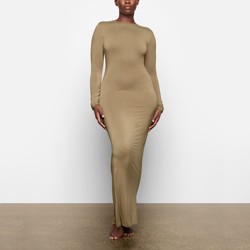 Skims SMOOTH LOUNGE LONG SLEEVE OPEN BACK Dress Khaki | INF-214875