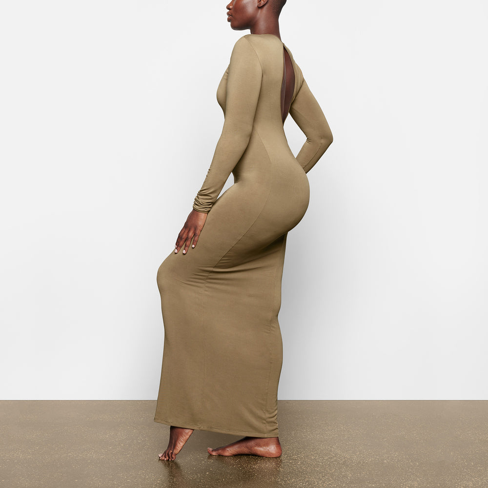 Skims SMOOTH LOUNGE LONG SLEEVE OPEN BACK Dress Khaki | INF-214875