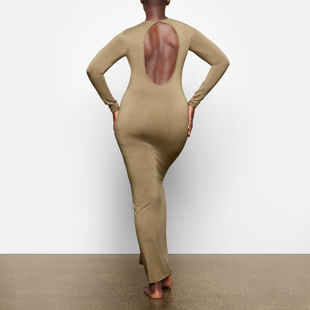 Skims SMOOTH LOUNGE LONG SLEEVE OPEN BACK Dress Khaki | INF-214875