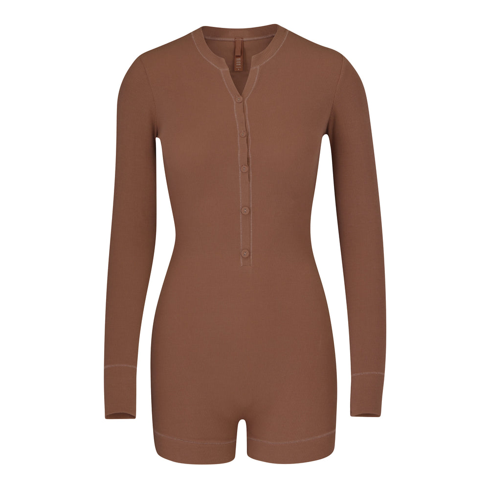 Skims SOFT LOUNGE BUTTON UP HENLEY Onesie Khaki | CKB-283957