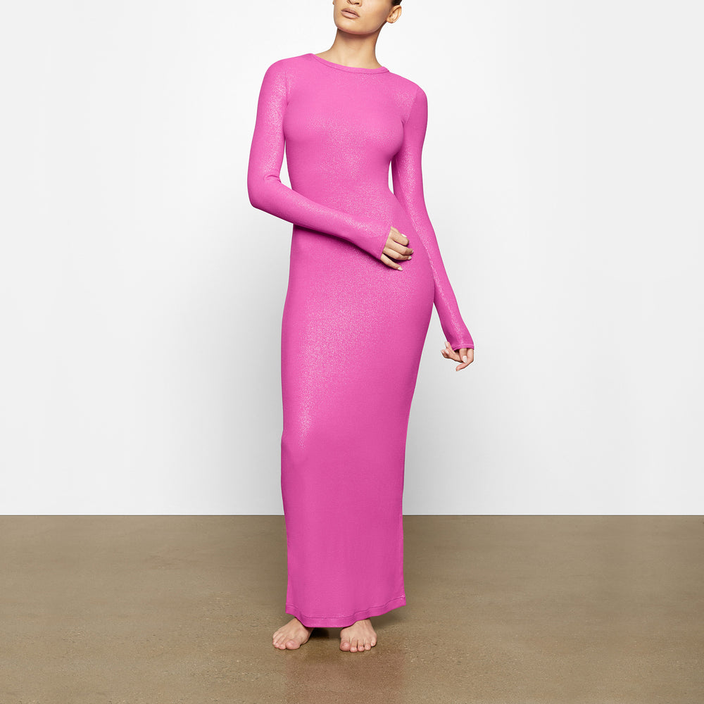 Skims SOFT LOUNGE SHIMMER CREW NECK LONG Dress Fuchsie | NUA-076459