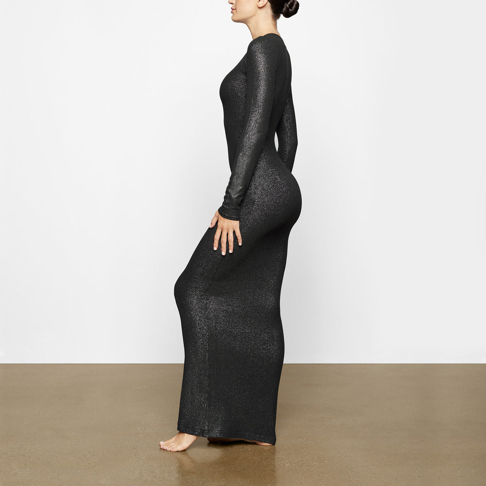 Skims SOFT LOUNGE SHIMMER CREW NECK LONG Dress Zwart | TWE-307921