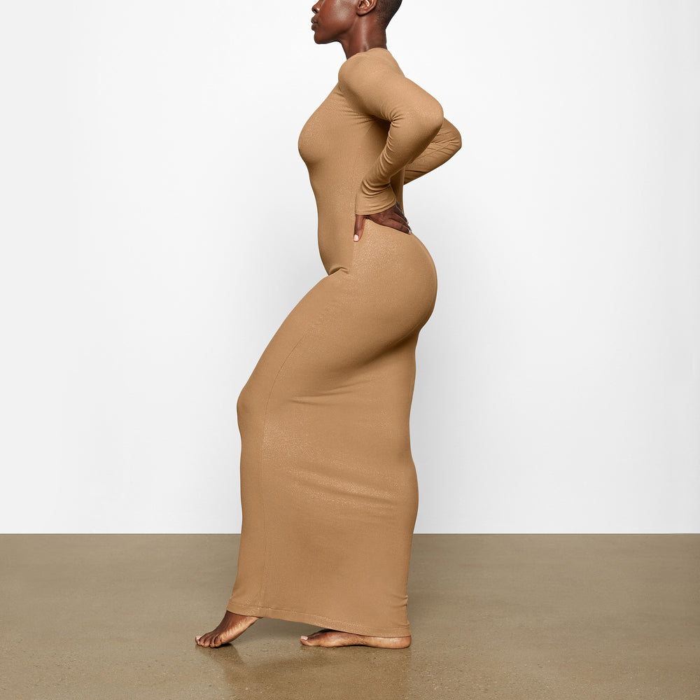 Skims SOFT LOUNGE SHIMMER CREW NECK LONG Dress Bruin | ZJI-237196