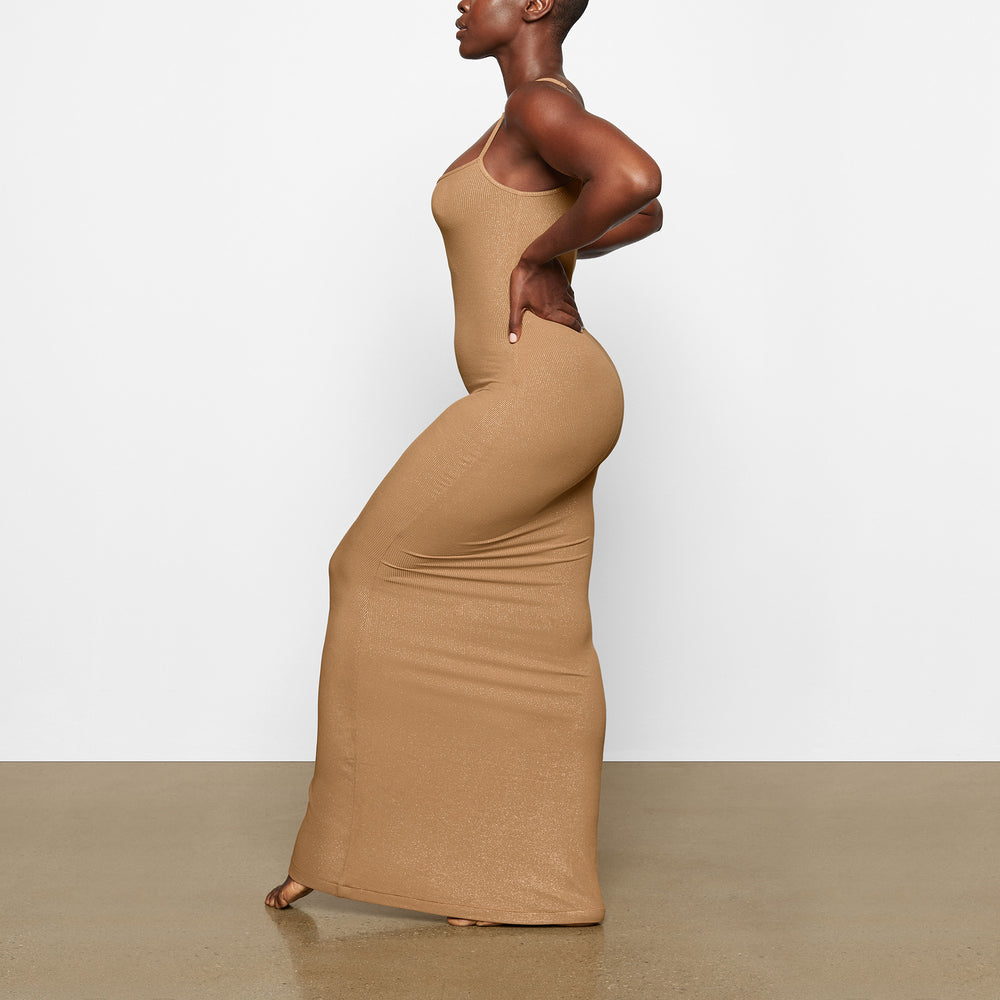 Skims SOFT LOUNGE SHIMMER LONG SLIP Dress Bruin | TQJ-013285