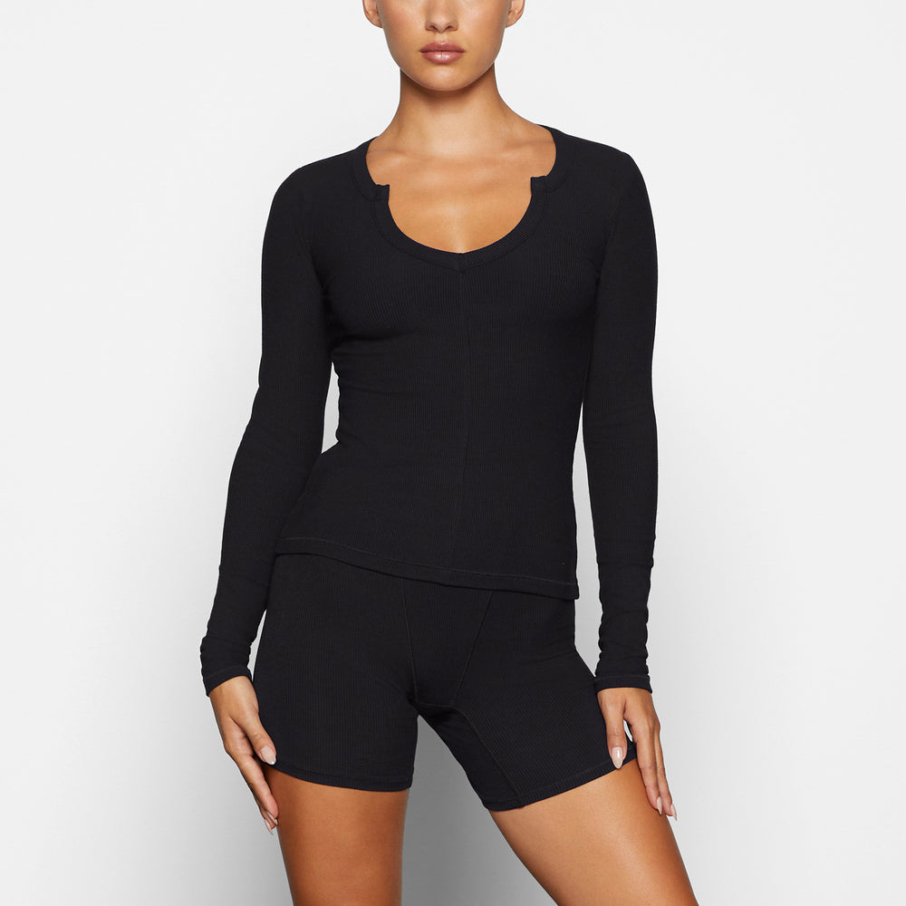 Skims SOFT LOUNGE SPLIT NECK LONG SLEEVE T-shirt Zwart | ONG-754231