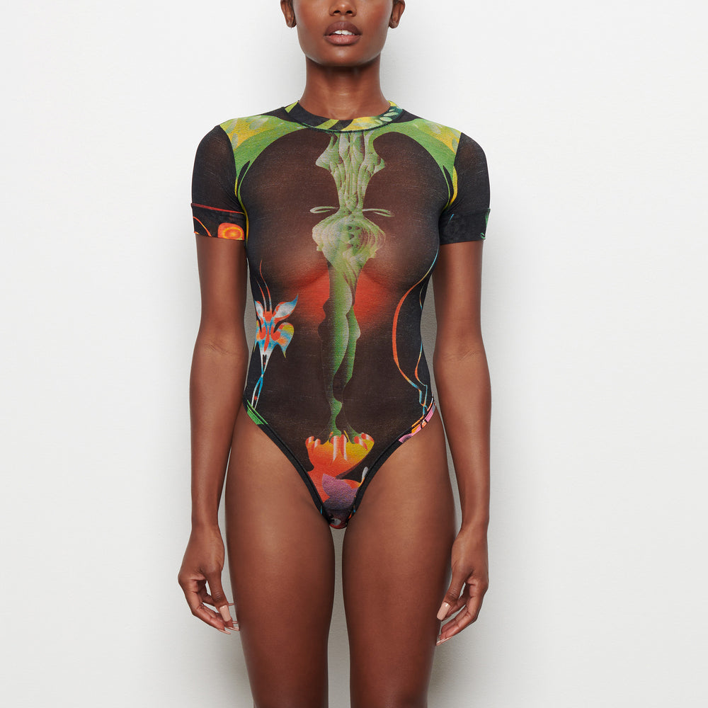 Skims SUMMER MESH T-shirt Bodysuit Obsidian | OYZ-182970