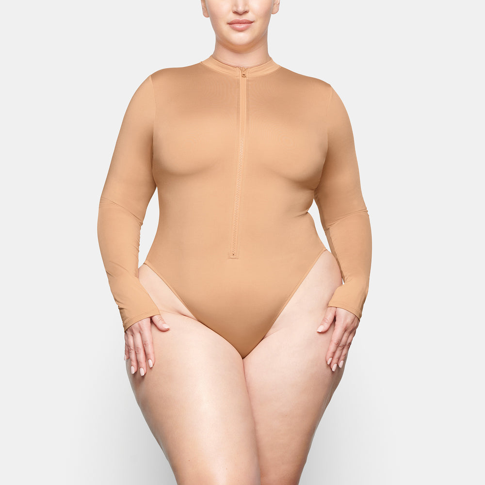 Skims SWIM ZIP FRONT LONG SLEEVE One Piece Beige | CXU-915802