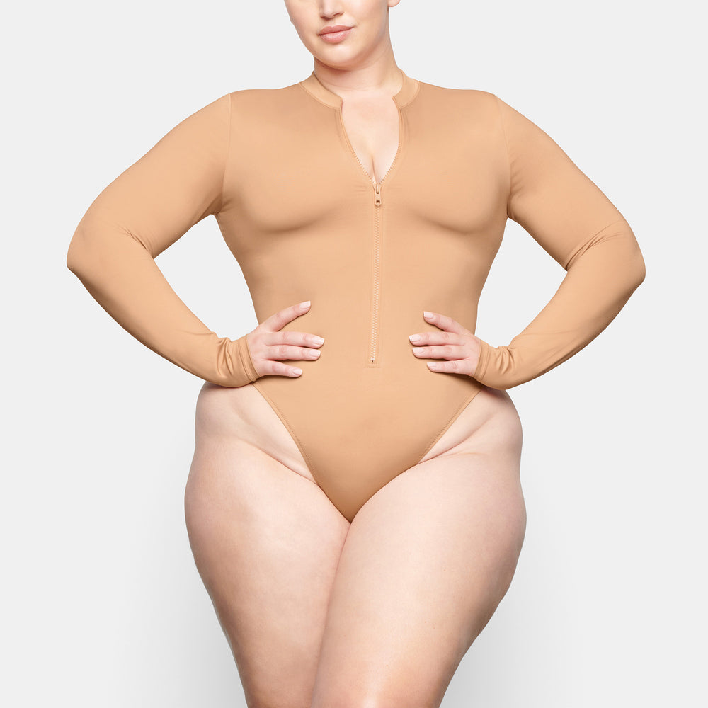 Skims SWIM ZIP FRONT LONG SLEEVE One Piece Beige | CXU-915802