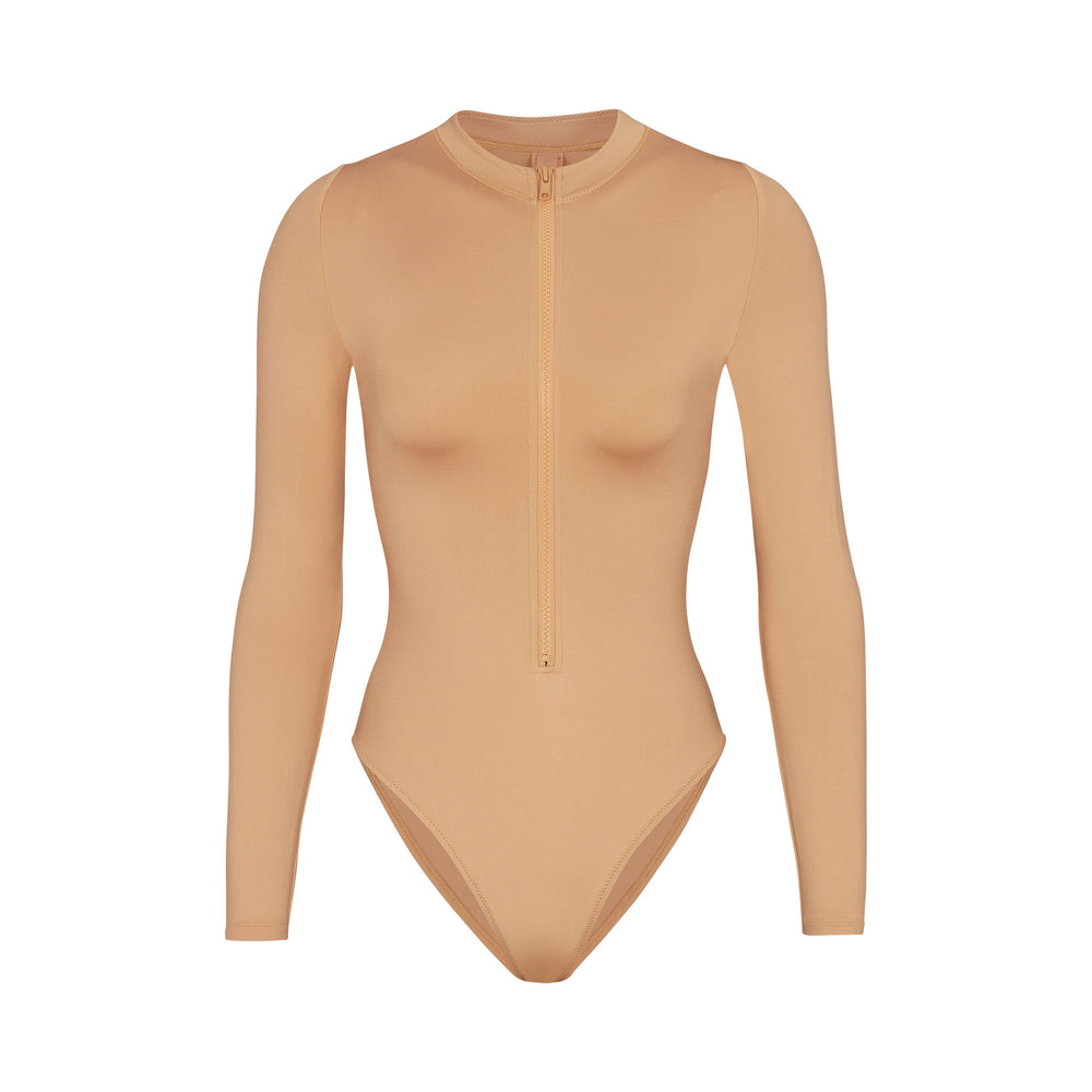Skims SWIM ZIP FRONT LONG SLEEVE One Piece Beige | CXU-915802