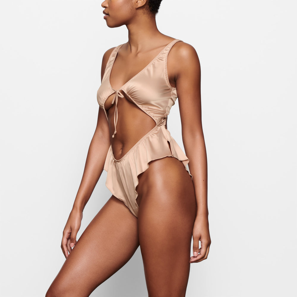 Skims WOVEN SHINE TIE FRONT Bodysuit Roze | OVQ-052879