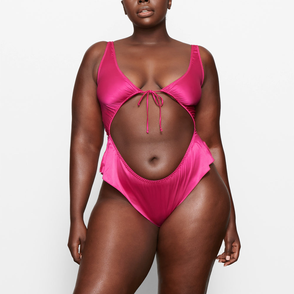 Skims WOVEN SHINE TIE FRONT Bodysuit Roze | XQD-682703