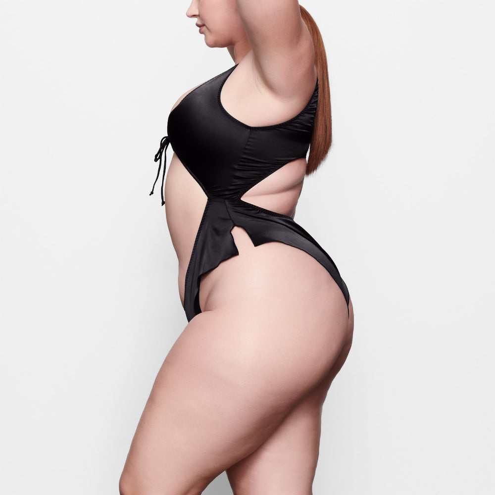 Skims WOVEN SHINE TIE FRONT Bodysuit Zwart | THV-457123