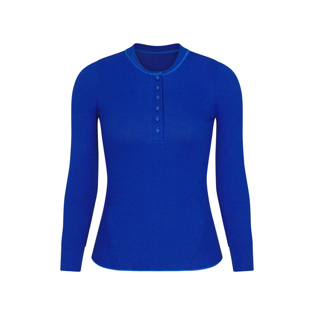Skims COTTON RIB HENLEY LONG SLEEVE T-shirt Blauw | BSM-071364