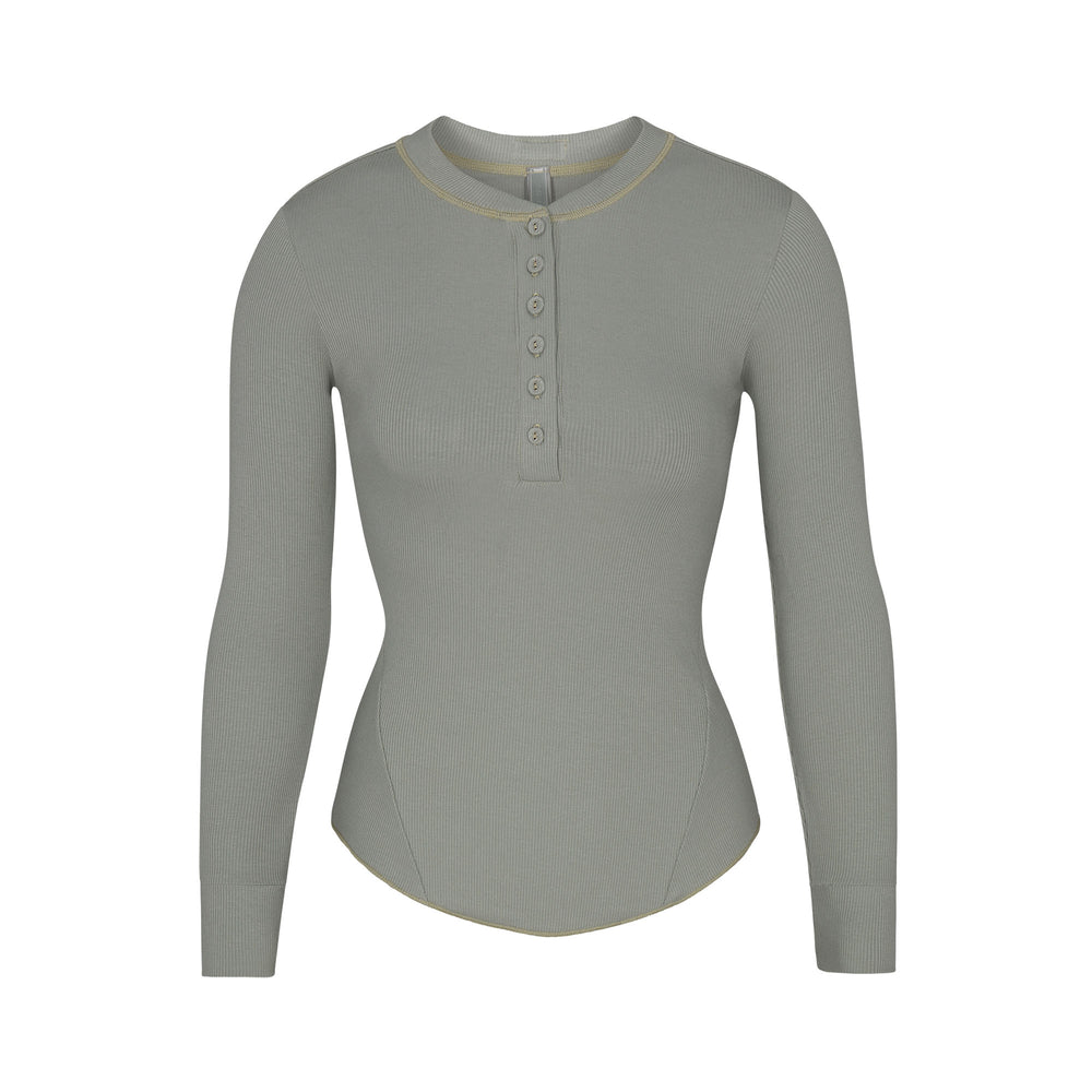 Skims COTTON RIB HENLEY LONG SLEEVE T-shirt Blauw | ZMI-602735