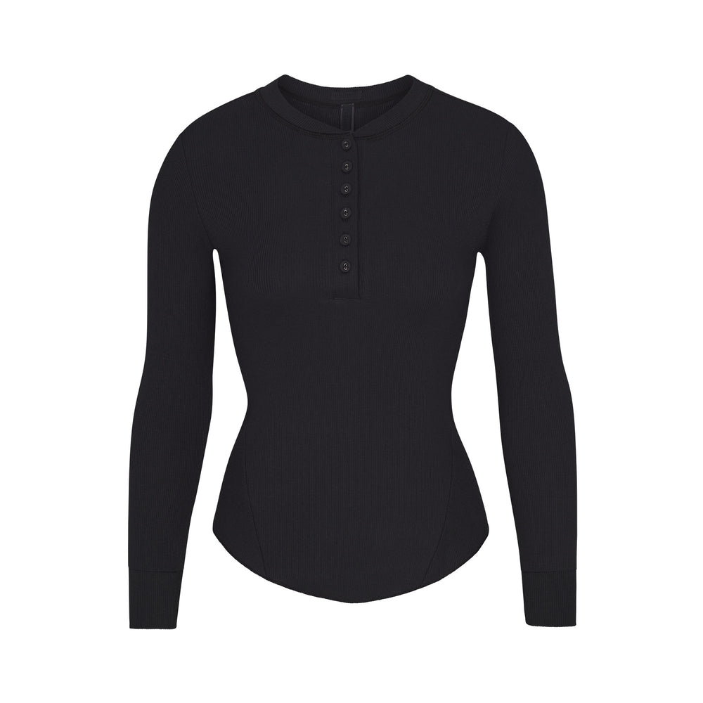 Skims COTTON RIB HENLEY LONG SLEEVE T-shirt Zwart | ZXN-245981