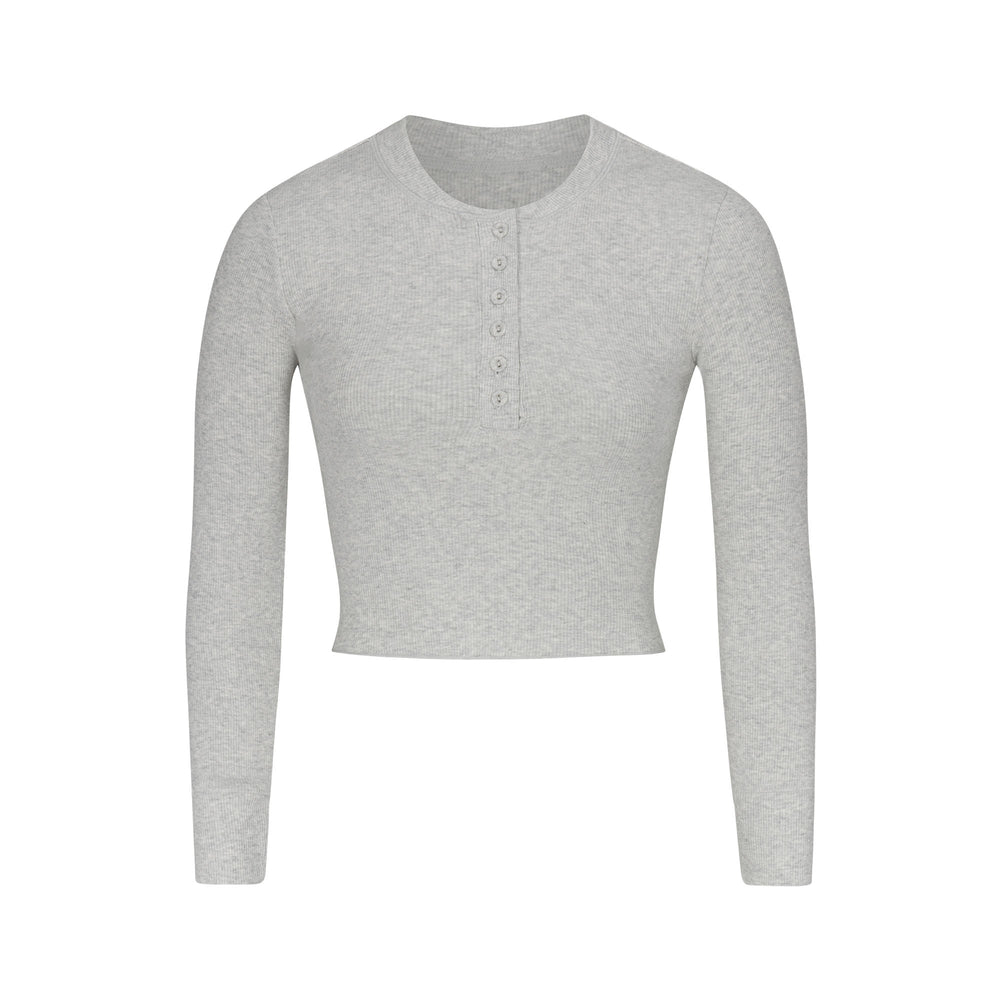 Skims COTTON RIB LONG SLEEVE CROP Henley Lichtgrijs | RNL-173926