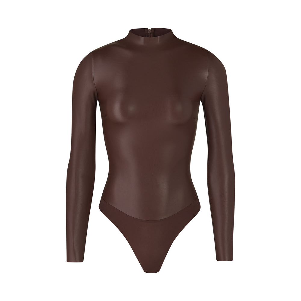 Skims FAUX LEATHER Mock Neck Bodysuit Chocola | ENZ-702345