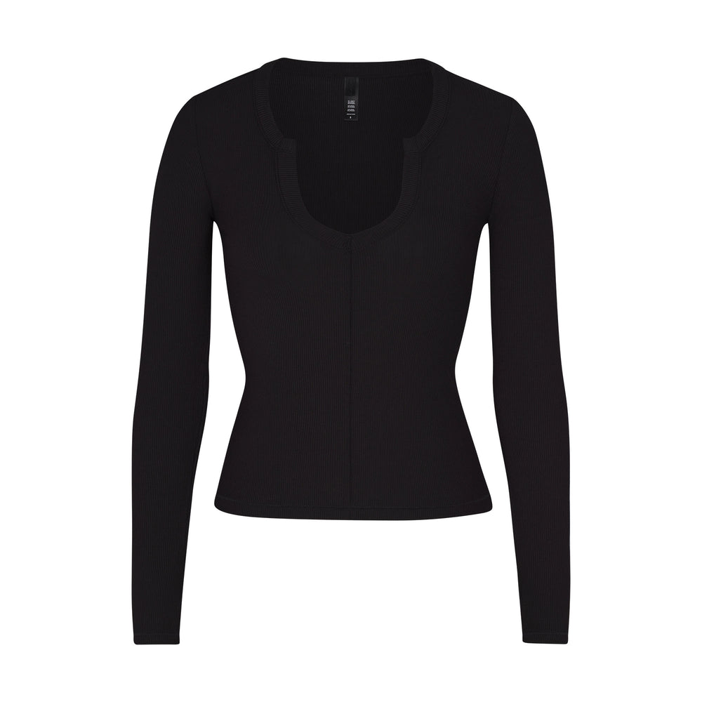 Skims SOFT LOUNGE SPLIT NECK LONG SLEEVE T-shirt Zwart | ONG-754231