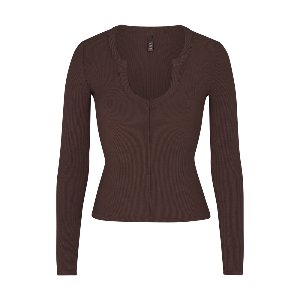 Skims SOFT LOUNGE SPLIT NECK LONG SLEEVE T-shirt Chocola | XLM-463027